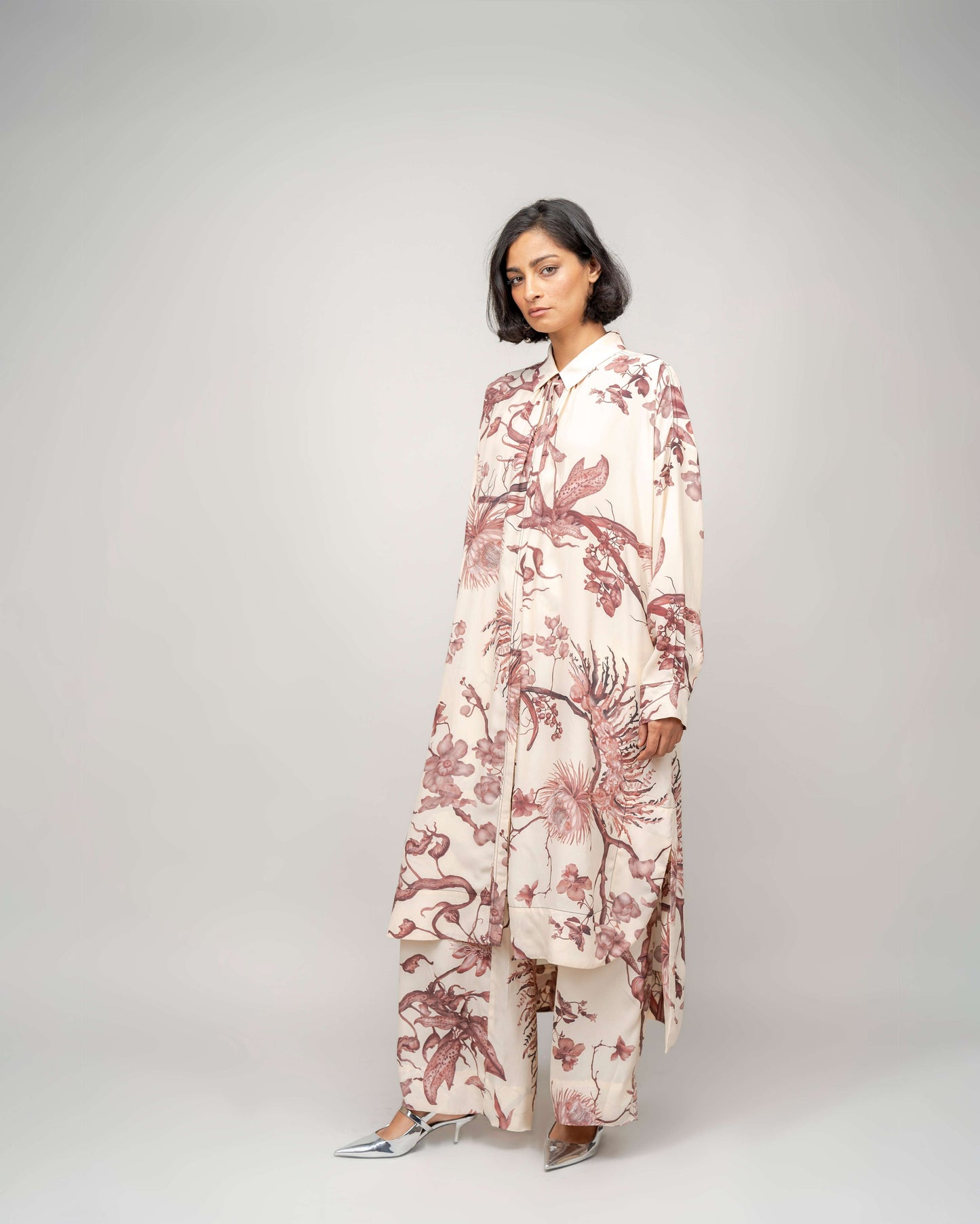 Garden Print High Low Shirt Dress In Apricot - Leh Studios