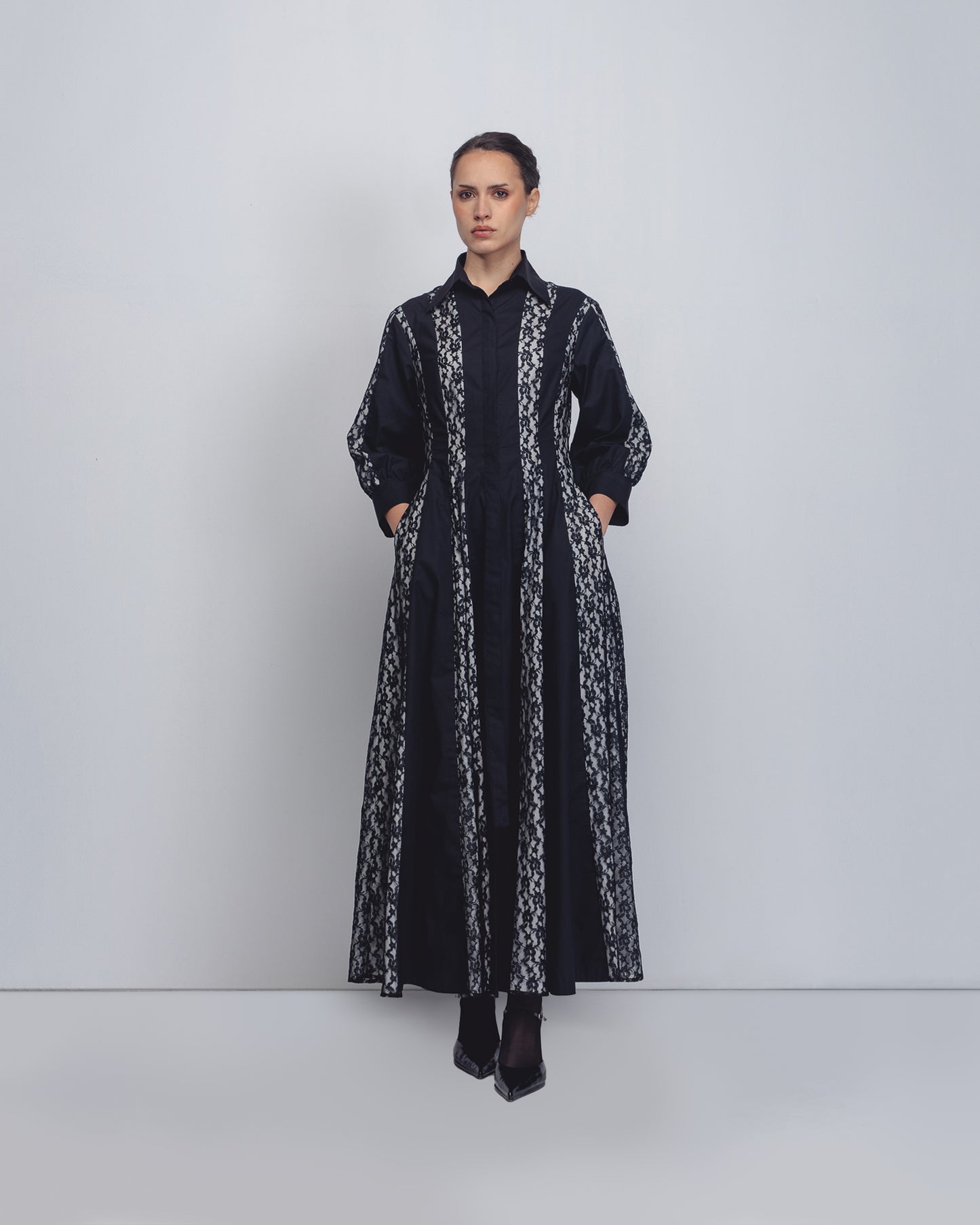 Handcrafted black lace striped maxi dress | Sustainable Indian fashion | Made-to-order in 15 days – Leh Studios