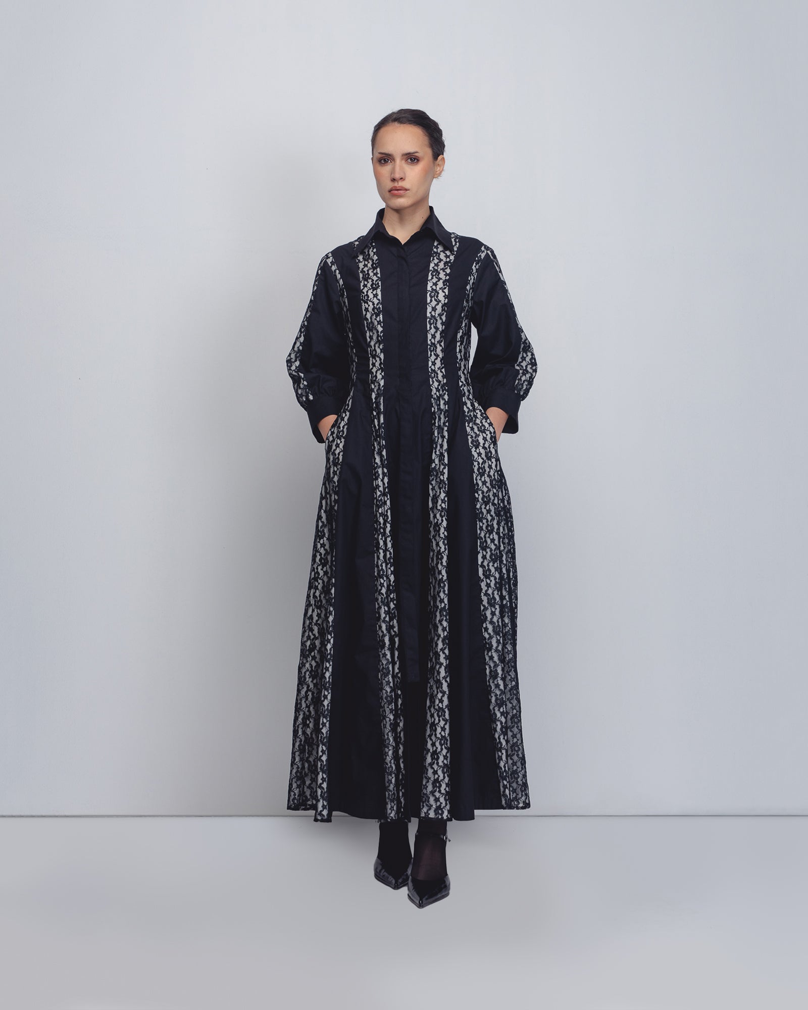 Handcrafted black lace striped maxi dress | Sustainable Indian fashion | Made-to-order in 15 days – Leh Studios