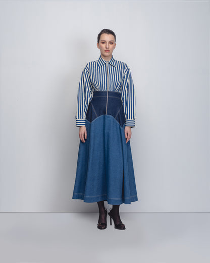 Handcrafted striped shirt with denim midi skirt | Sustainable Indian Fashion – Leh Studios