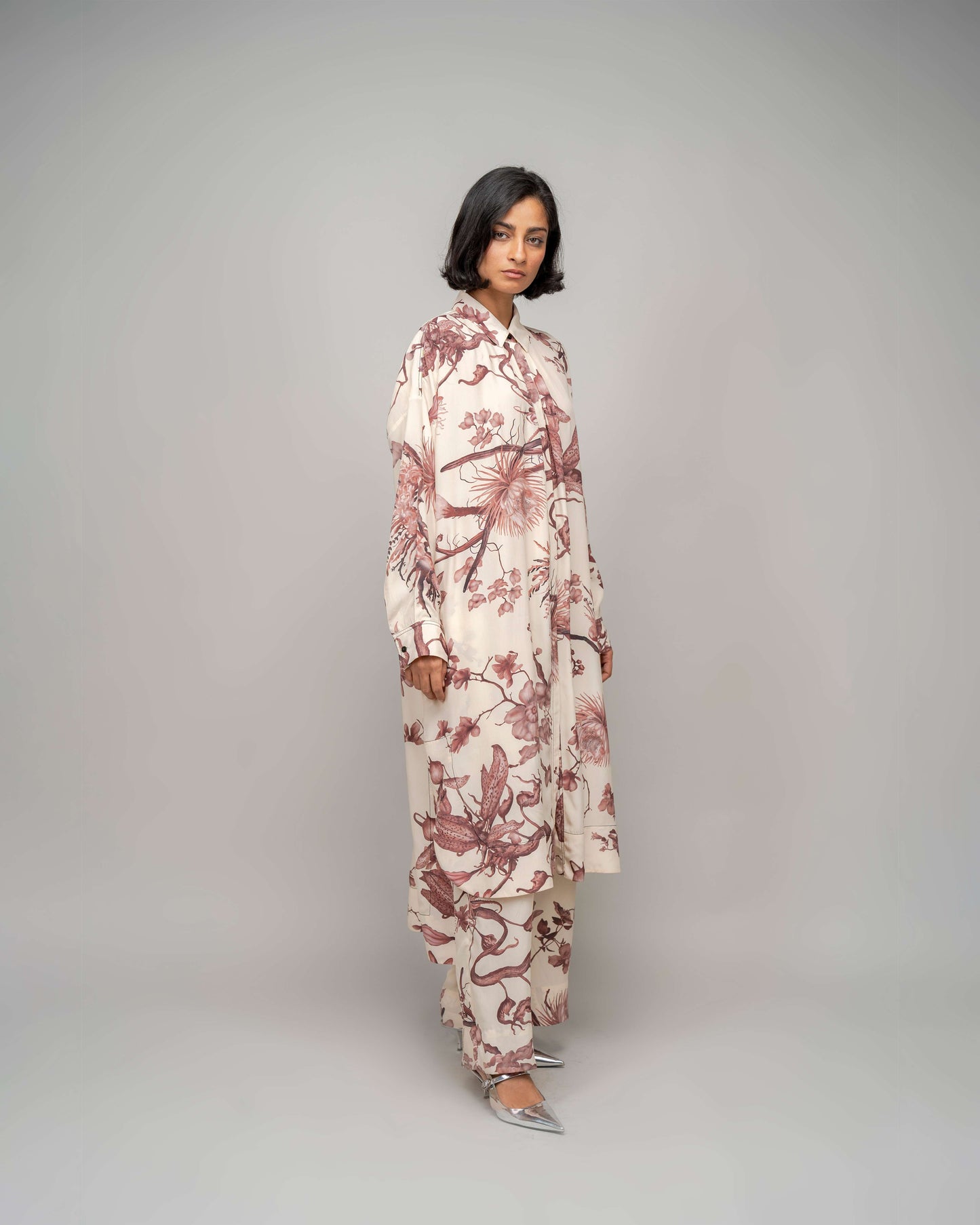 Garden Print High Low Shirt Dress In Apricot
