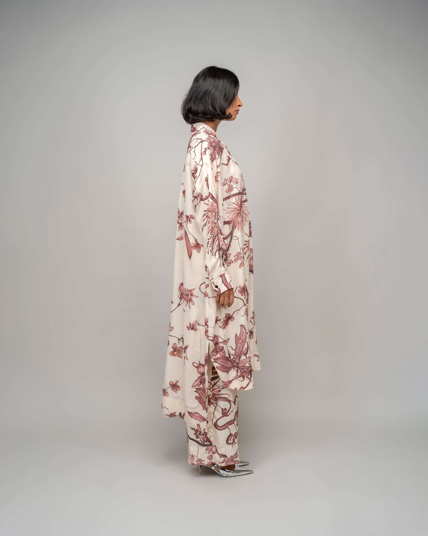 Garden Print High Low Shirt Dress In Apricot