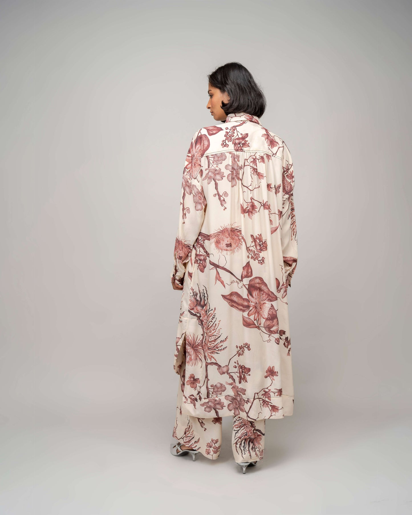 Garden Print High Low Shirt Dress In Apricot