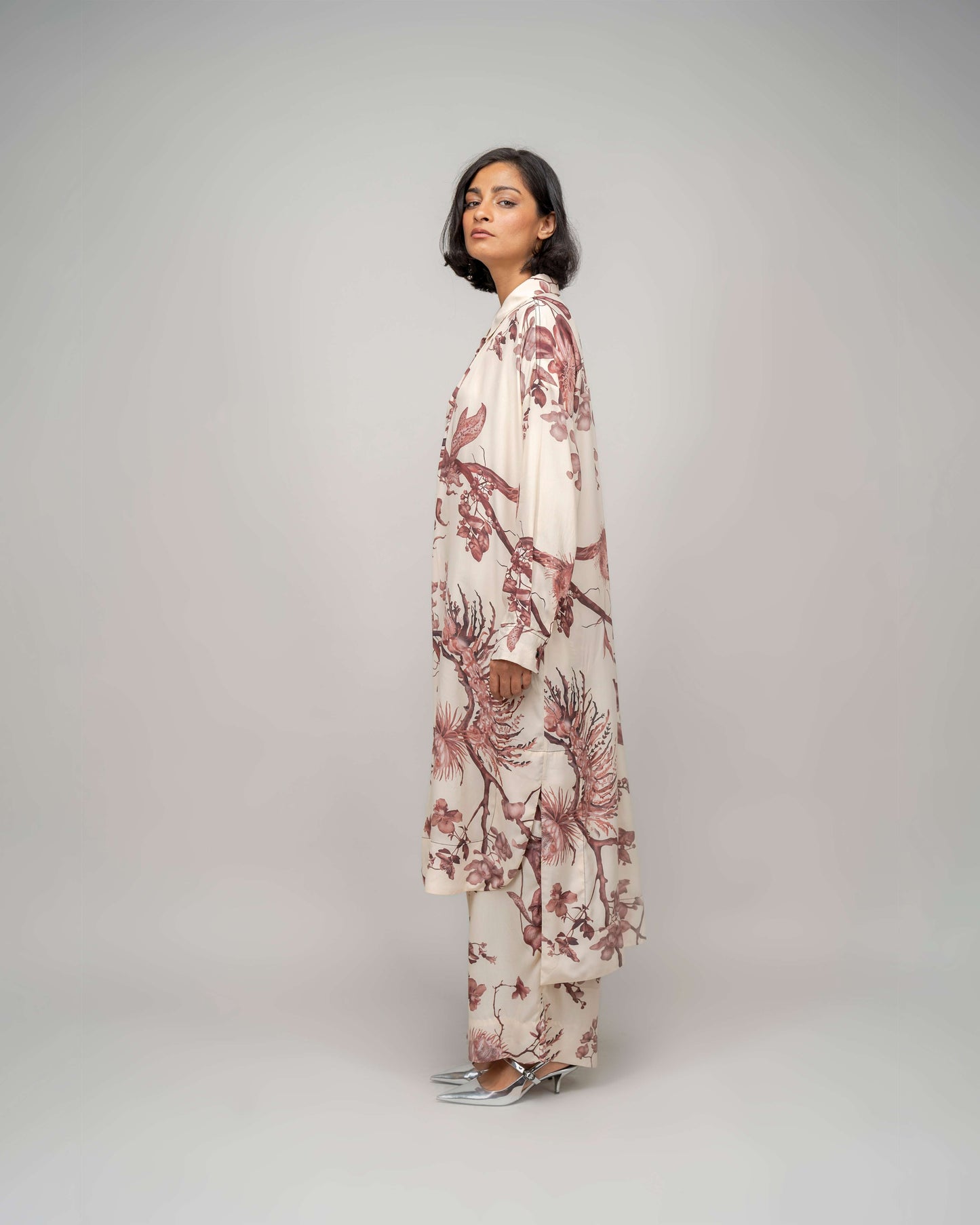 Garden Print High Low Shirt Dress In Apricot
