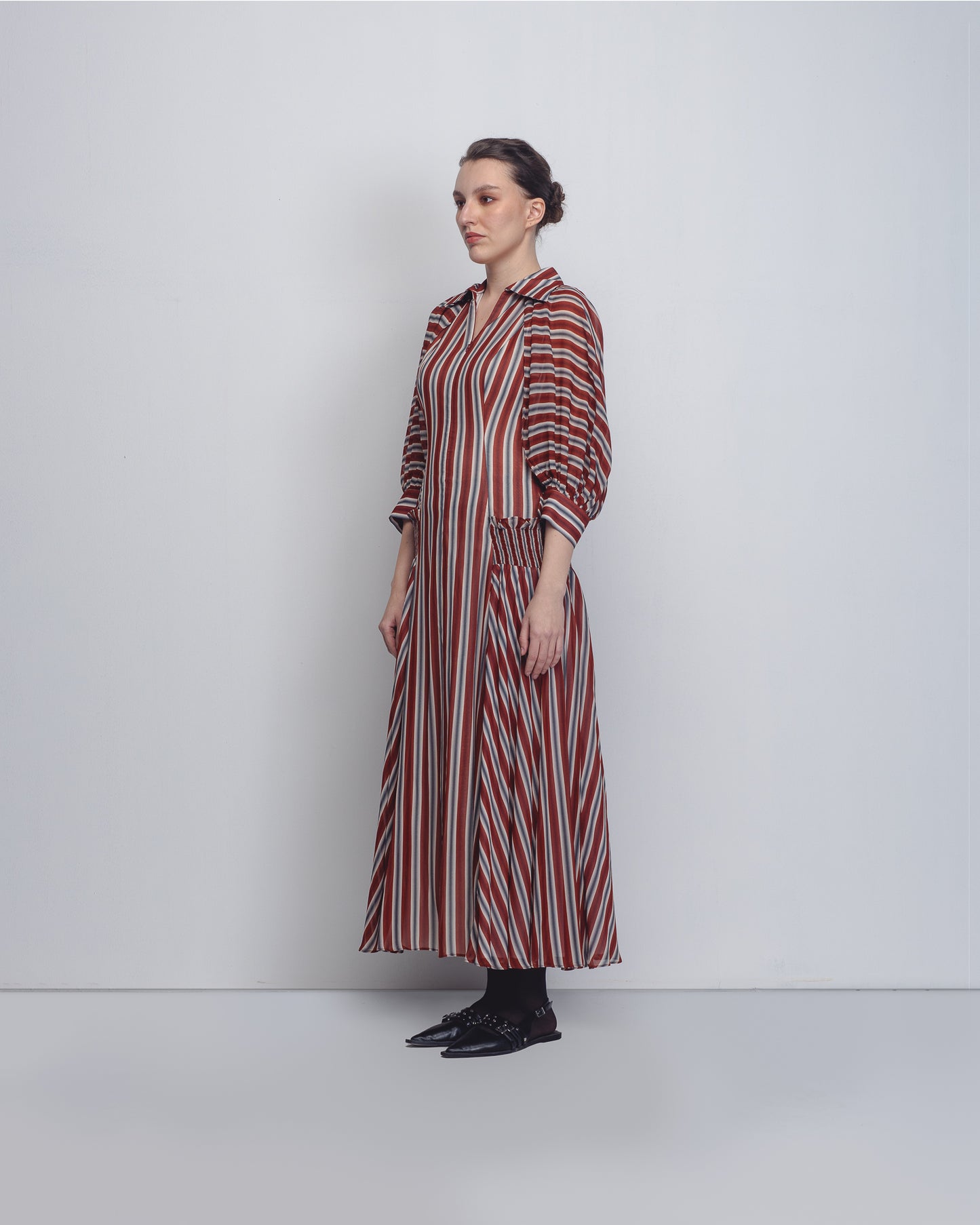 Handcrafted striped midi dress with gathered waist | Sustainable Indian Fashion – Leh Studios