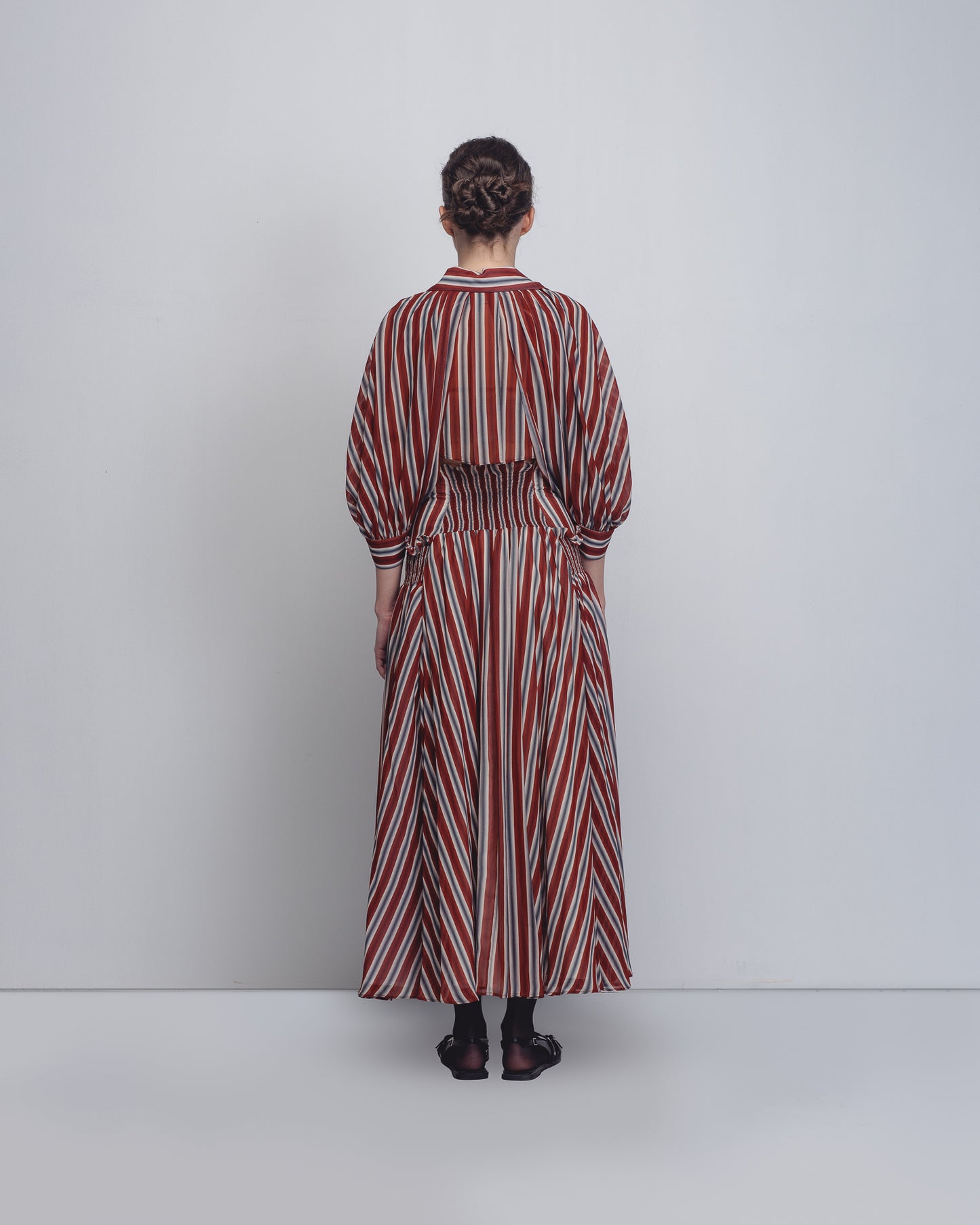 Vertical stripe taffeta dress with artisan detailing | Made-to-order eco-friendly fashion in 15 days