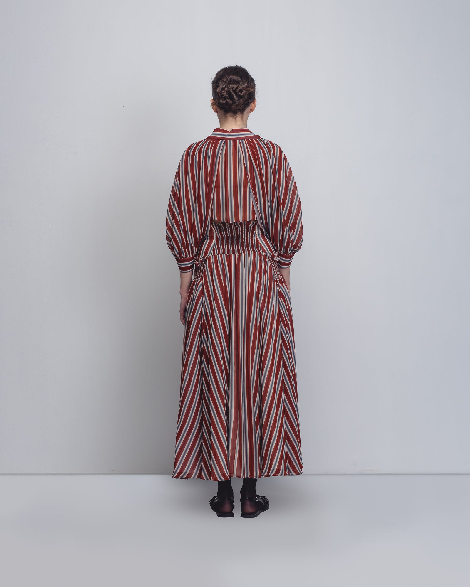 Vertical stripe taffeta dress with artisan detailing | Made-to-order eco-friendly fashion in 15 days