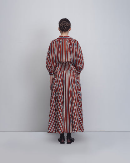 Vertical stripe taffeta dress with artisan detailing | Made-to-order eco-friendly fashion in 15 days