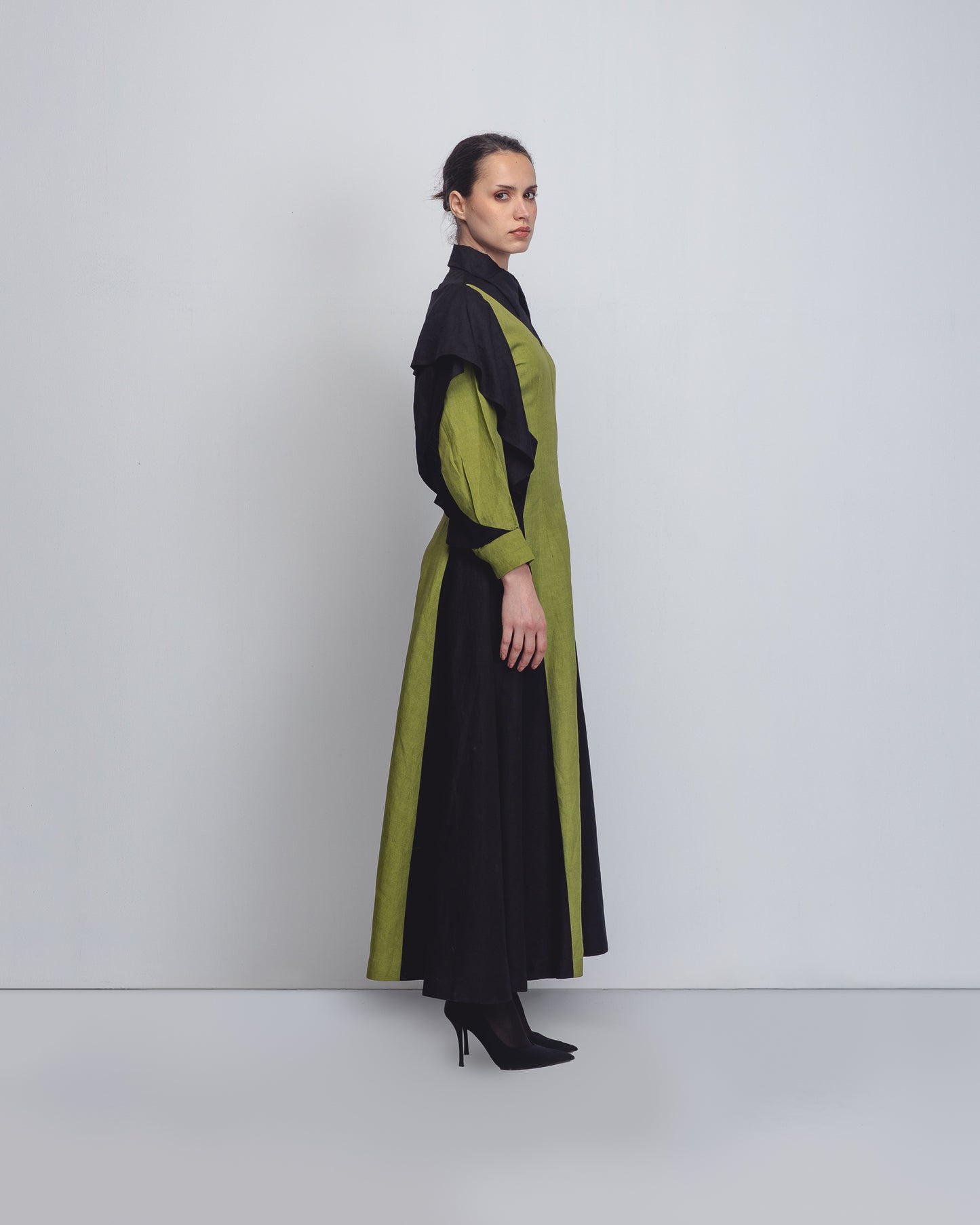 Artisan-crafted geometric colorblock dress in eco-friendly fabric with high collar | Made-to-order sustainable fashion