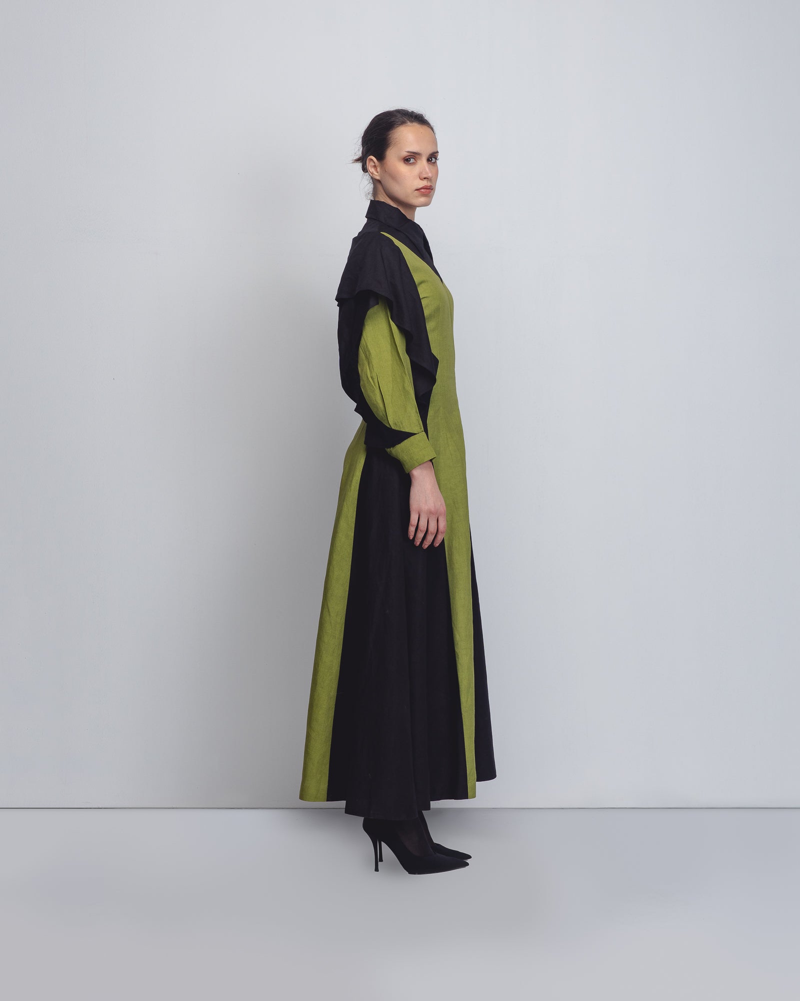 Artisan-crafted geometric colorblock dress in eco-friendly fabric with high collar | Made-to-order sustainable fashion