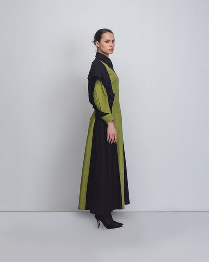 Artisan-crafted geometric colorblock dress in eco-friendly fabric with high collar | Made-to-order sustainable fashion