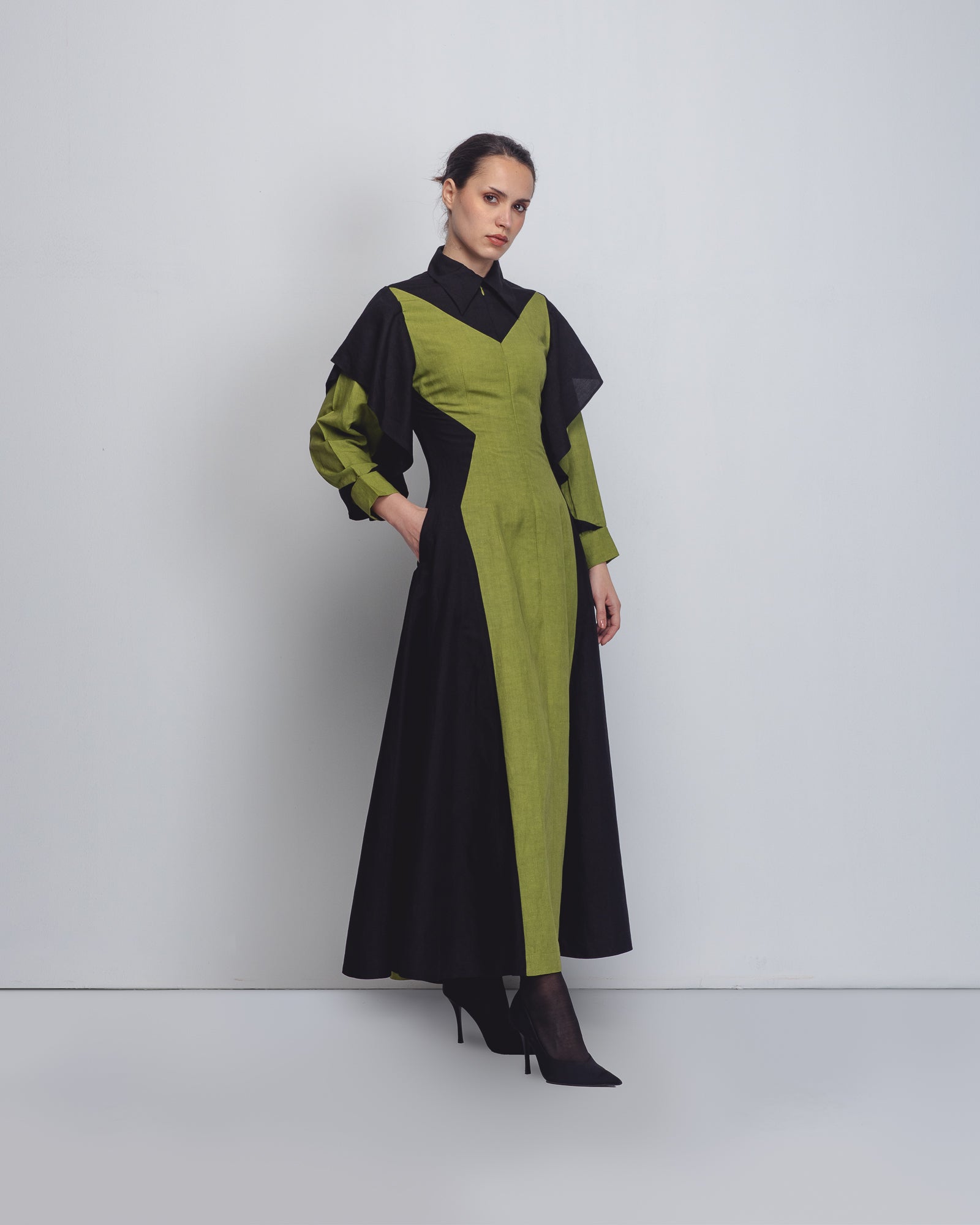Handcrafted olive-green and black colorblock maxi dress | Sustainable Indian fashion | Leh Studios