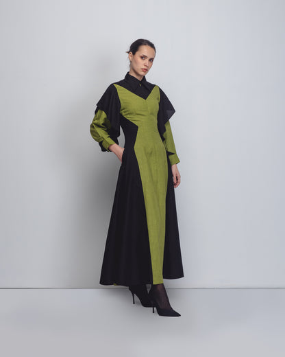 Handcrafted olive-green and black colorblock maxi dress | Sustainable Indian fashion | Leh Studios