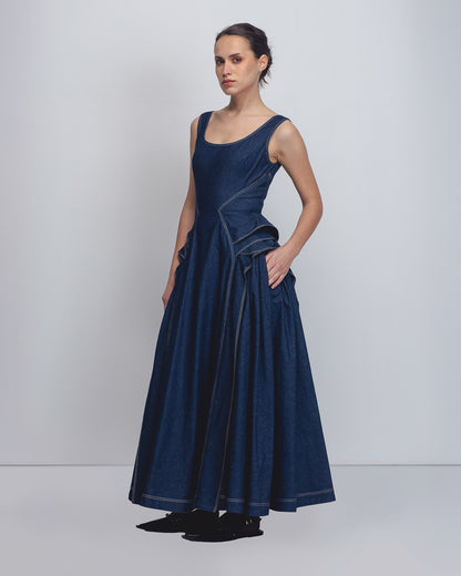 Handcrafted denim maxi dress with sculptural draping | Sustainable fashion by Leh Studios artisans