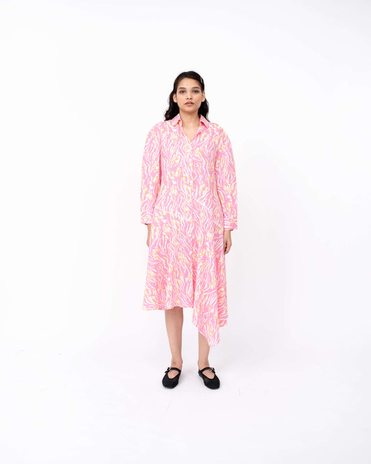 Pink Wave Print New Slide Shirt Dress