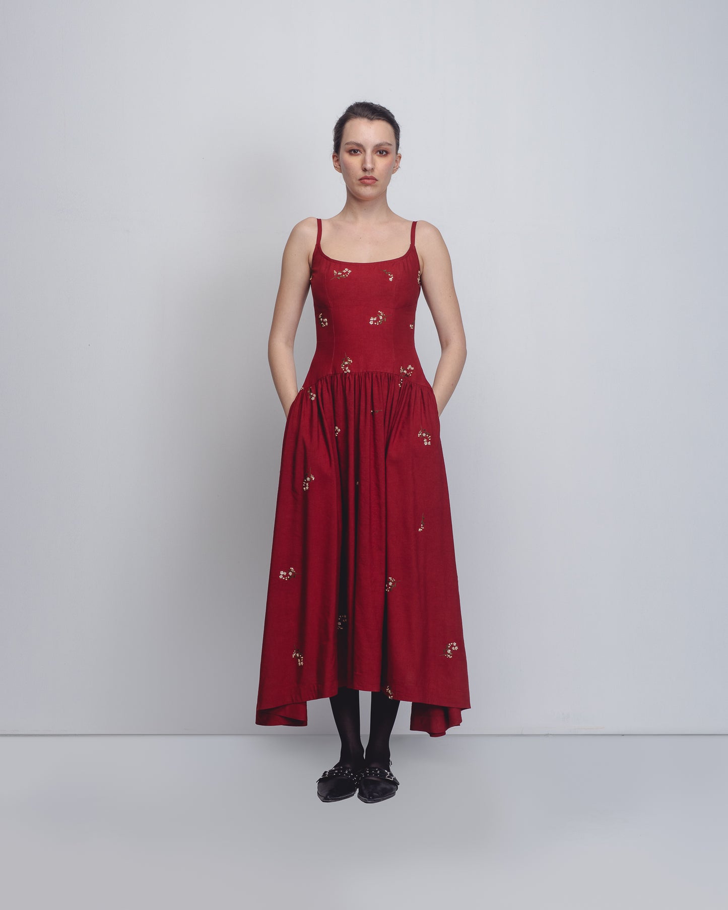 Crimson embellished midi dress with gathered skirt | Handcrafted sustainable fashion by Leh Studios