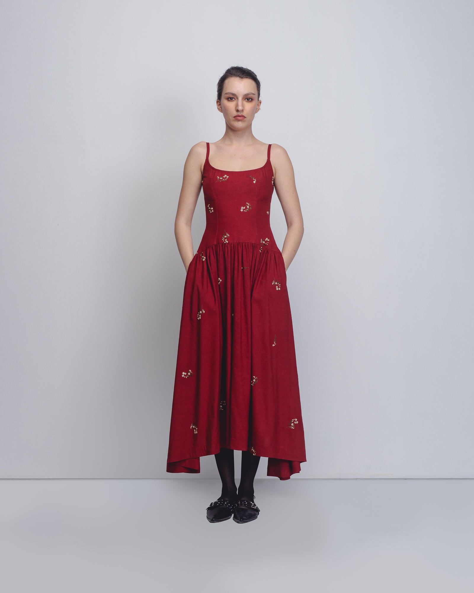 Crimson embellished midi dress with gathered skirt | Handcrafted sustainable fashion by Leh Studios
