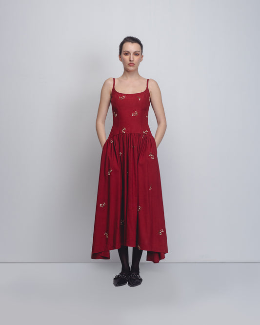 Crimson embellished midi dress with gathered skirt | Handcrafted sustainable fashion by Leh Studios